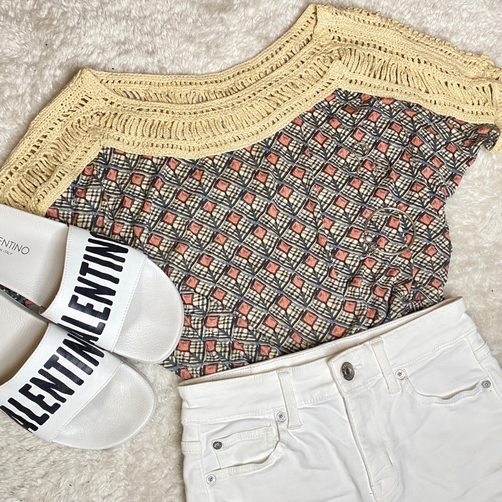 Y2K Free People Raw Hem Tee with Crochet Neckline & Shoulders